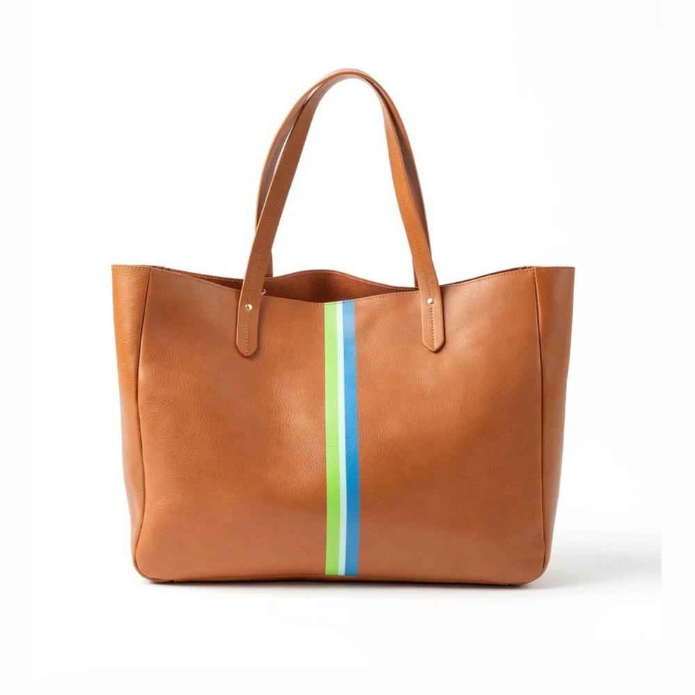 Brown Leather Tote Bag with Colorful Stripe